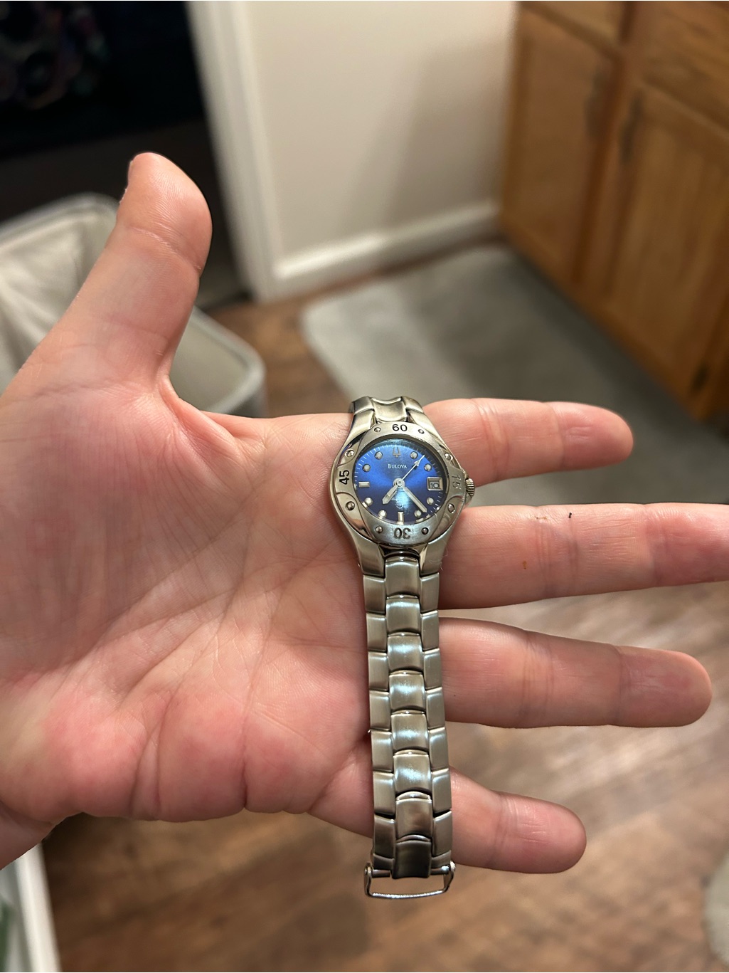 Silver Stainless Steel Watch With Blue Dial